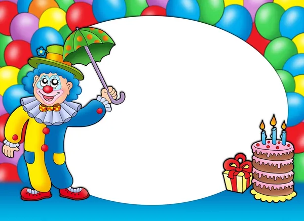 Kulatý rám s klaunem a balóny — Stock fotografie