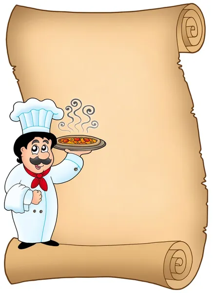 Scroll with chef holding pizza — Stock Photo, Image