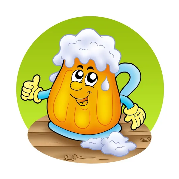 Smiling cartoon beer on wooden table — Stock Photo, Image