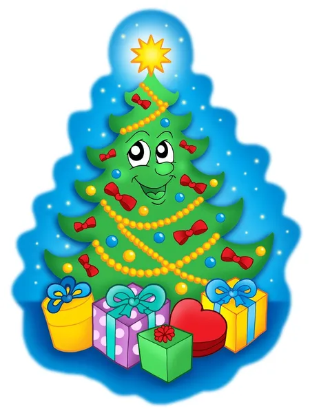 Sonriente árbol de Navidad con regalos en el cielo —  Fotos de Stock