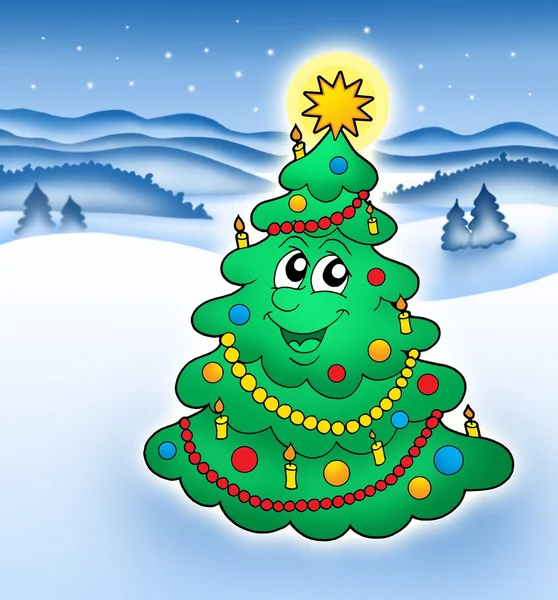 Havas földön mosolygó karácsonyfa — Stock Fotó