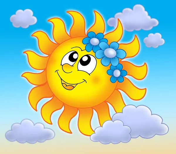 Smiling Sun with flowers on blue sky — Stock Photo, Image