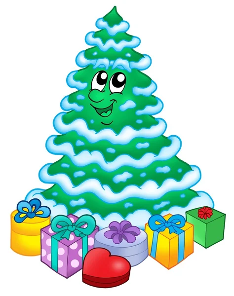 Havas karácsonyfa, ajándékok — Stock Fotó