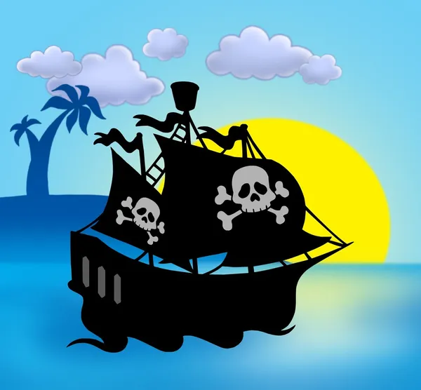 Захід сонця з силуетом піратського корабля — стокове фото