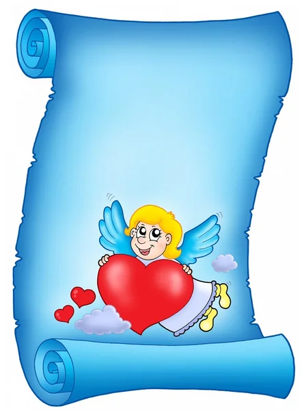 Valentine blue letter with flying cupid — Stock Photo, Image