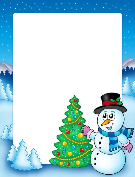 Moldura de inverno com boneco de neve e árvore — Fotografia de Stock