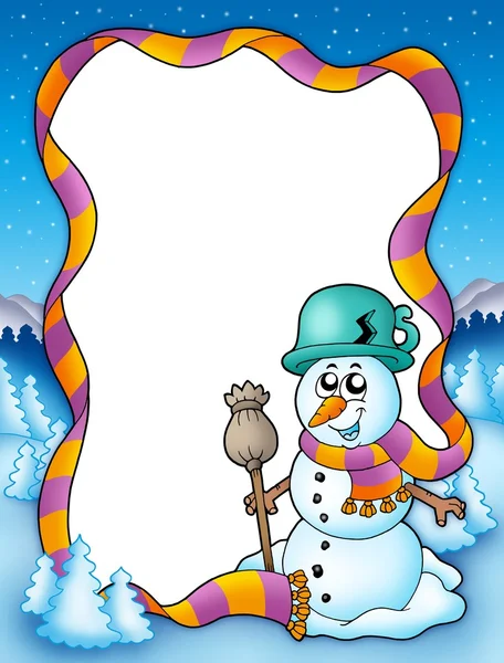 Winter frame met sneeuwpop en bomen — Stockfoto