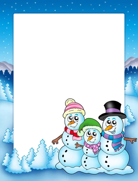 Moldura de inverno com família boneco de neve — Fotografia de Stock