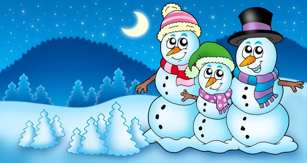 Paisagem de inverno com família boneco de neve — Fotografia de Stock