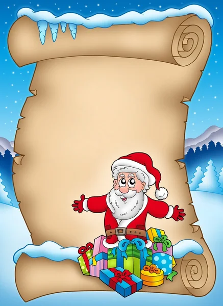 Winterpergament mit Weihnachtsmann und Geschenk — Stockfoto