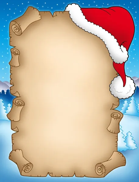Pergaminho de inverno com chapéu Santas — Fotografia de Stock