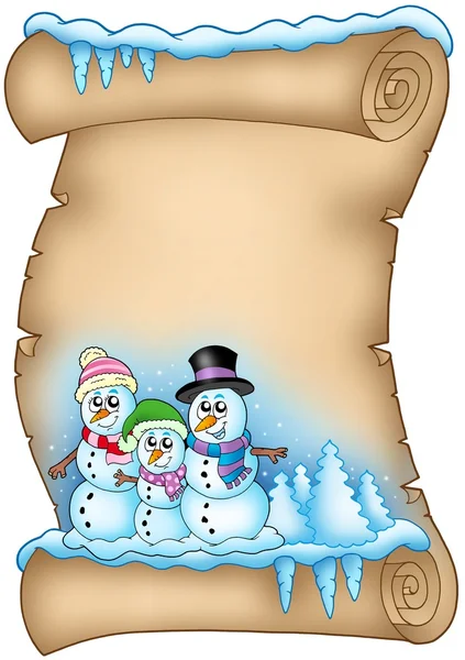 冬季羊皮纸与雪人的家庭 — 图库照片