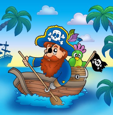 Cartoon pirate paddling in boat clipart