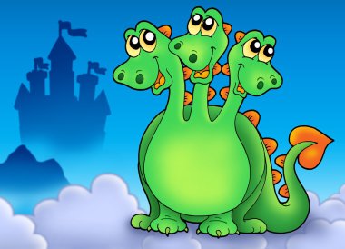 Green three headed dragon on sky clipart