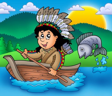 Native American Indian in boat clipart