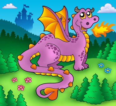 Big purple dragon with old castle clipart