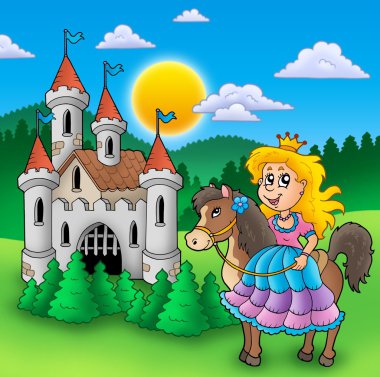 Princess on horse with old castle clipart