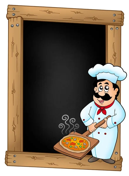 Şef ve pizza tabağı ile yazı tahtası — Stok fotoğraf