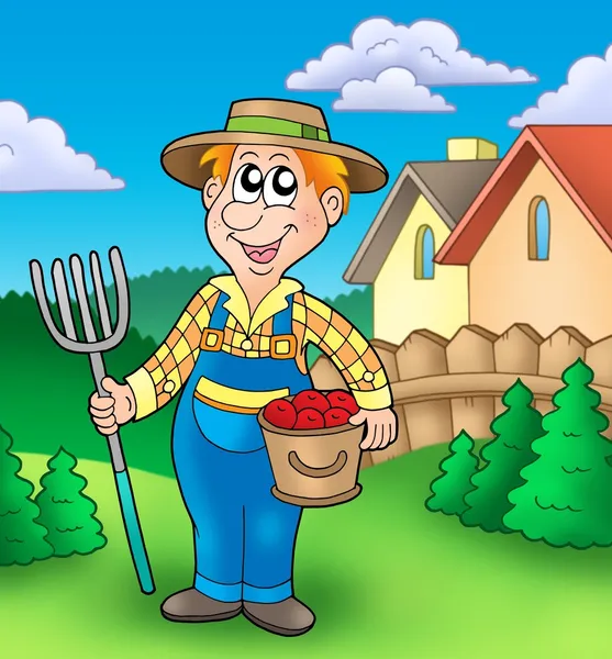 Agricultor de dibujos animados en el jardín — Foto de Stock
