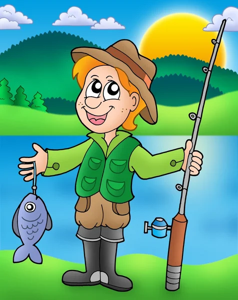 Cartoon visser met vis — Stockfoto