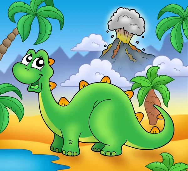可爱的绿色恐龙与火山 — 图库照片