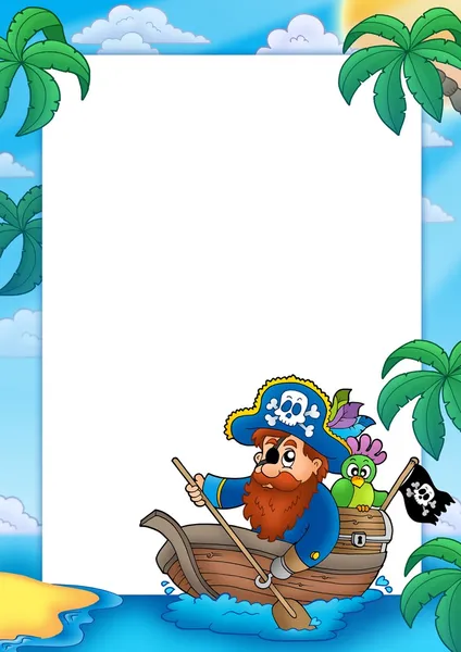 Каркас с пиратом грести в лодке — стоковое фото