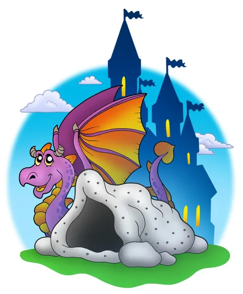 Гигантский фиолетовый дракон возле пещеры — стоковое фото