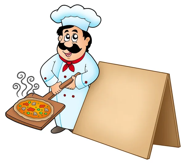 Chef con plato de pizza y tabla — Foto de Stock