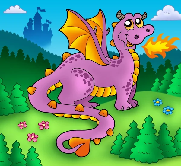 Большой фиолетовый дракон со старым замком — стоковое фото