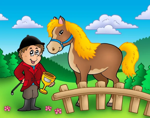 Jockey de dibujos animados con caballo — Foto de Stock