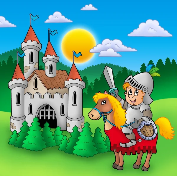 Riddare på häst med gamla slottet — Stockfoto