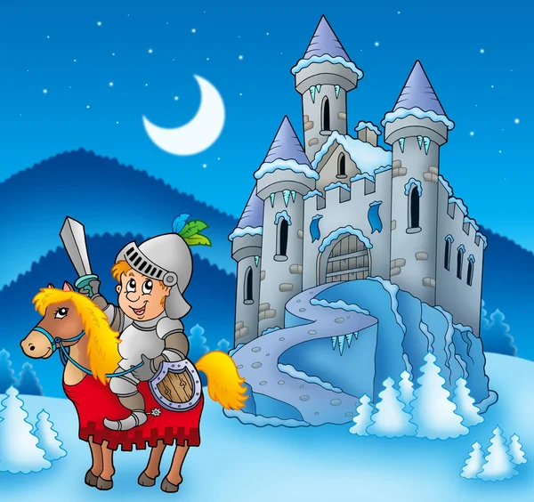 Knight on horse with winter castle — Stock Photo, Image