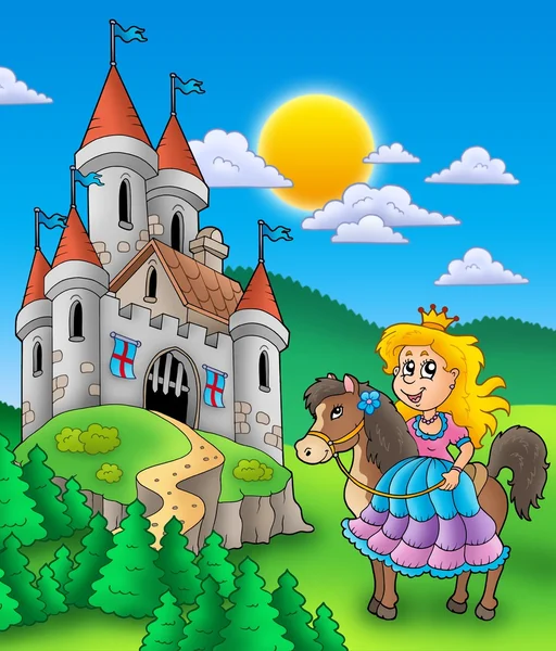 Prinzessin zu Pferd mit Schloss — Stockfoto