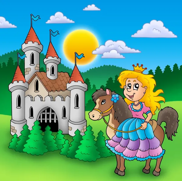 Princesse à cheval avec vieux château — Photo