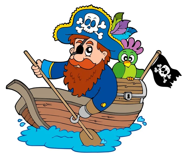 Пират с попугаем на лодке — стоковый вектор