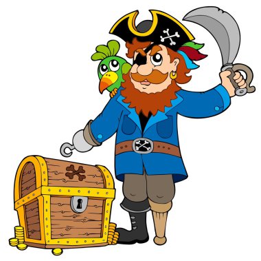 Pirate with old treasure chest clipart