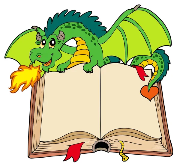 Зеленый дракон держит старую книгу — стоковый вектор