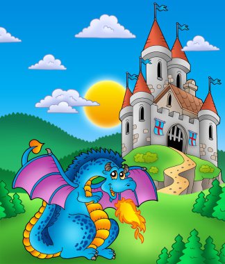 Big blue dragon with medieval castle clipart