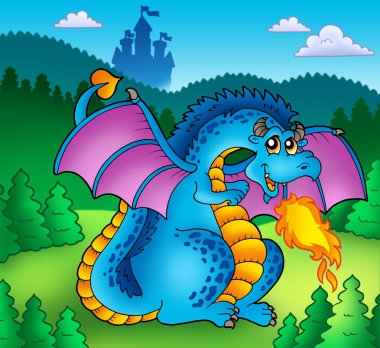 Big blue fire dragon with old castle clipart