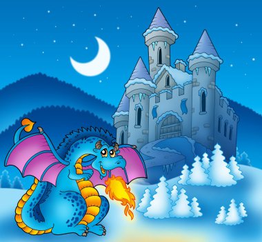 Big blue dragon with winter castle clipart