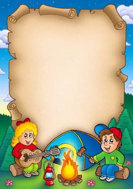 Old parchment with camping kids clipart