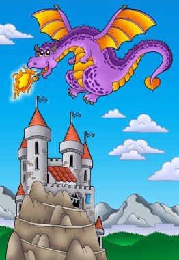 Flying dragon with castle on hill clipart