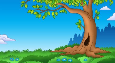 Leafy tree in grassy landscape clipart