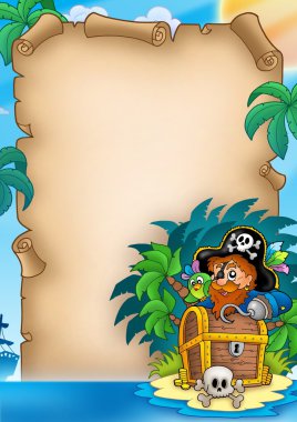 Parchment with pirate on island clipart