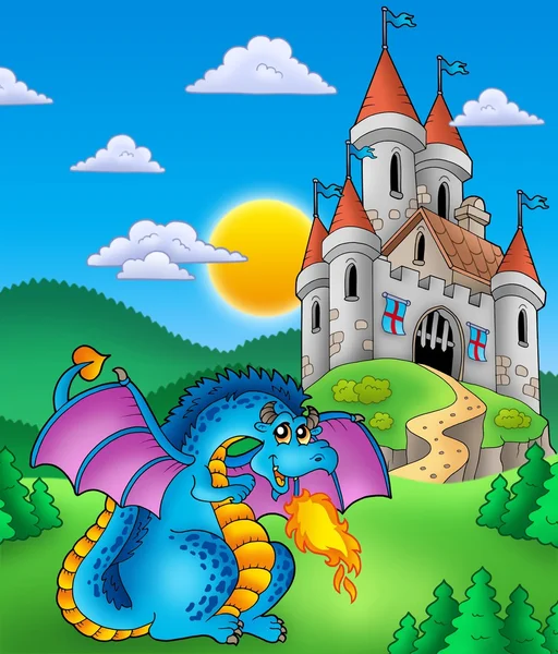 Großer blauer Drache mit mittelalterlicher Burg — Stockfoto