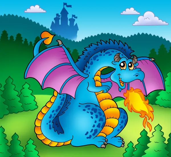 Big blue fire dragon with old castle — Stock Photo, Image