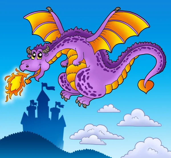 Huge flying dragon near castle — Stock Photo, Image