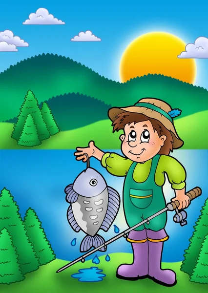 Small fisherman with fish — Stock Photo, Image