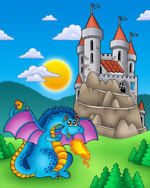 Blauwe draak met kasteel op heuvel — Stockfoto