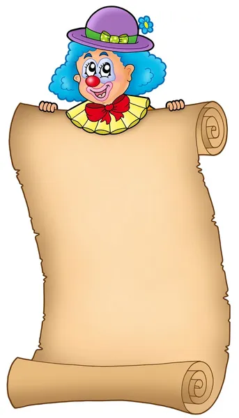 Cartoon clown holding old scroll — Stock Photo, Image